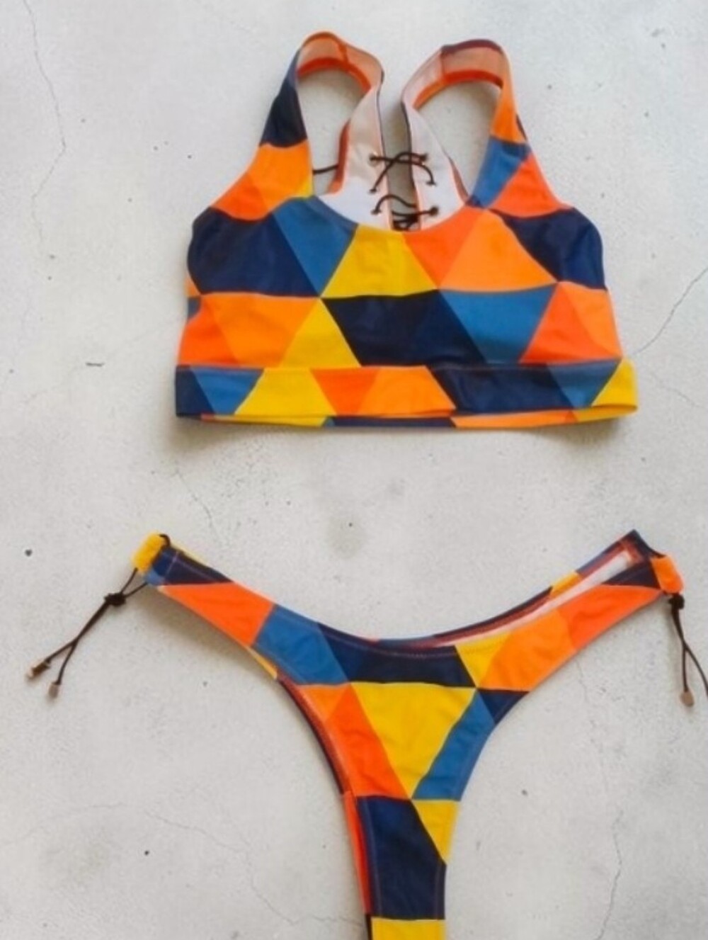 NWT-Jireh colorful geometric print two-piece swimsuit, lace-up front & bottoms M - Picture 3 of 3